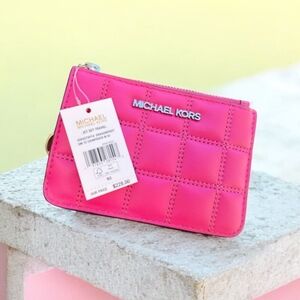 Michael Kors Jet Set Quilted Card Holder In Dragonfruit Pink, NWT